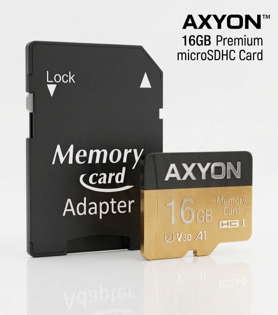 AXYON 8GB Premium microSDHC Memory Card with its black adapter card, shown on a clean white background with text overlay.