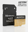 AXYON 32GB Premium microSD card with its black adapter and card shown on a clean white background. The card features a gold and black design with white text.