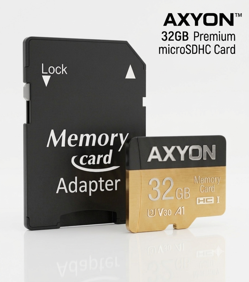 AXYON 32GB Premium microSD card with its black adapter and card shown on a clean white background. The card features a gold and black design with white text.