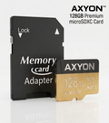 AXYON 12GB Premium microSDHC Memory Card with its black adapter card, shown on a clean white background with text overlay.