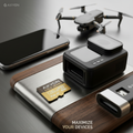 An AXYON Gold Series 128GB SD card shown in a close-up product render, with a USB connector open and inserted into a black camera device. A smartphone and a drone are blurred in the background on a brushed metal surface with wood trim.