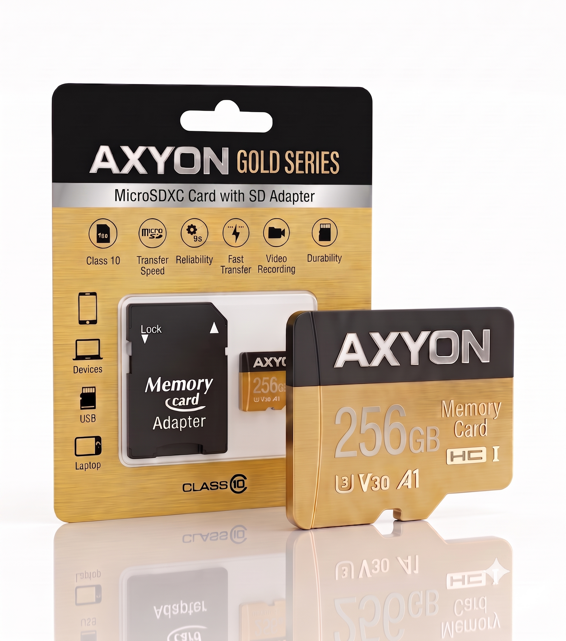 AXYON Gold Series [256]GB MicroSDXC memory card and black SD adapter in premium black and gold retail packaging on a pure white background.