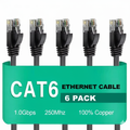 Six CAT6 Ethernet cables with a green label on a white background