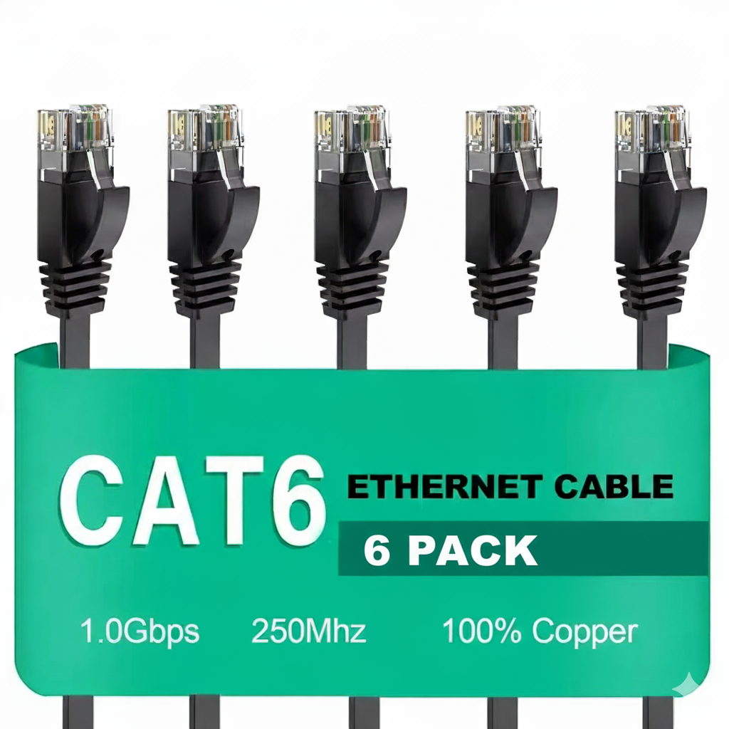 Six CAT6 Ethernet cables with a green label on a white background