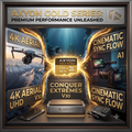 Promotional graphic for the AXYON GOLD SERIES, showcasing a gold streaming box, 4K aerial drone, camera, phone, and action camera with glowing golden light effects and text overlays on a dark background.
