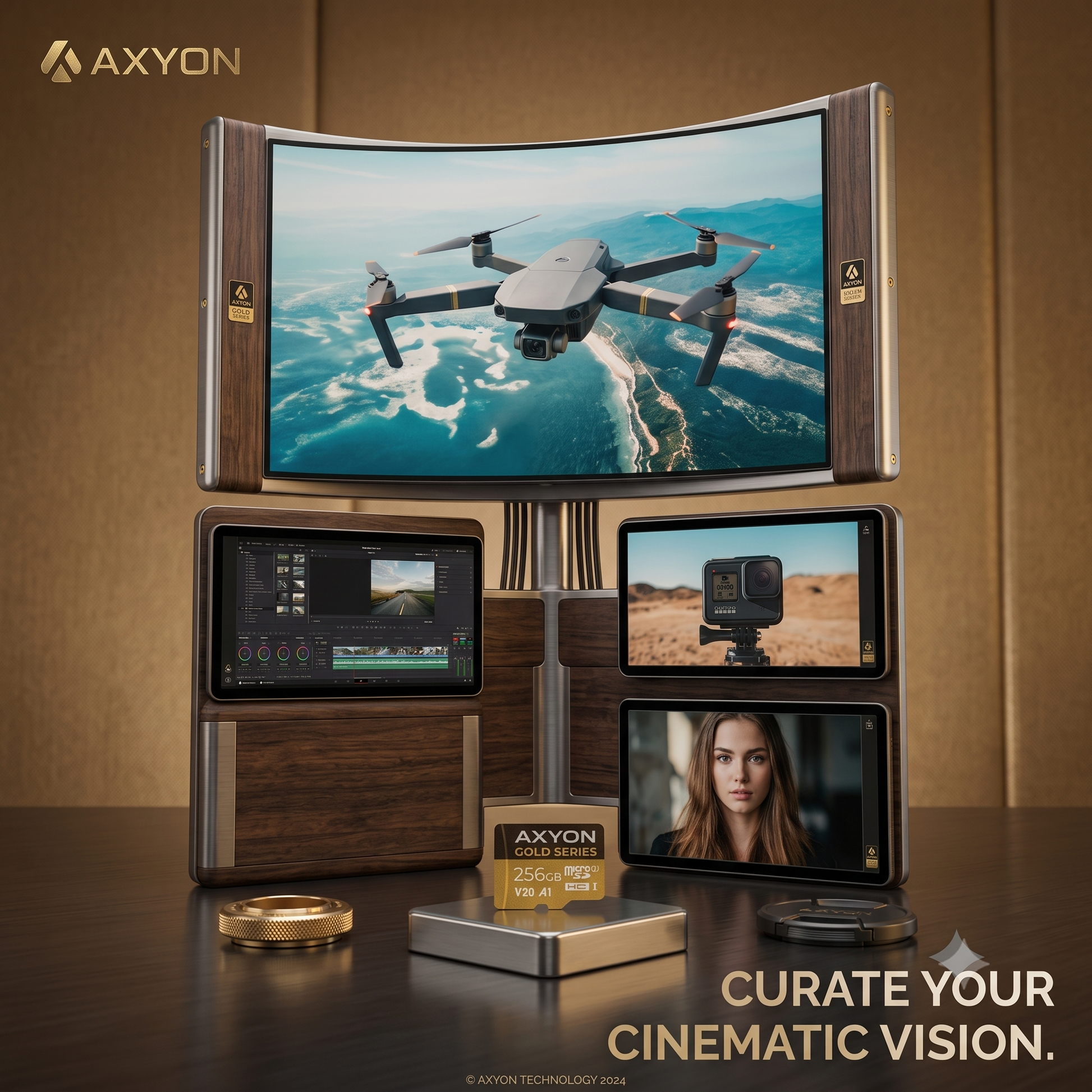 A multi-monitor AV display system by AXYON with a large curved screen showing a drone, three smaller monitors displaying content, a small gold AXYON control box, and a metallic stand on a dark tabletop against a warm brown studio background.