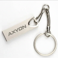 Metal keychain with 'AXYON' tag on a white background