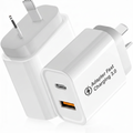 AXYON 25W dual-port wall charger with USB-C and USB-A ports featuring Adapter Fast Charging 3.0 technology on white background