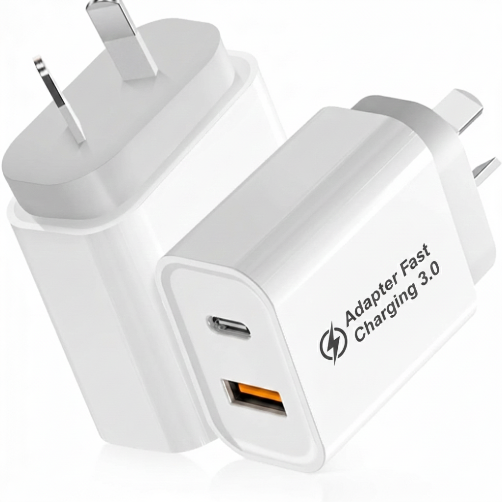 AXYON 25W dual-port wall charger with USB-C and USB-A ports featuring Adapter Fast Charging 3.0 technology on white background