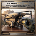 A promotional graphic for the AXYON Gold Series drone, showing a gold and gray drone on a wooden surface with a gloved hand holding a gold AXYON 256GB SD card. The background depicts a blurred mountain landscape, and the entire scene is framed by an ornate gold border with text reading 'THE AXYON GOLD SERIES: UNLEASHING PERFORMANCE FROM THE SKY.