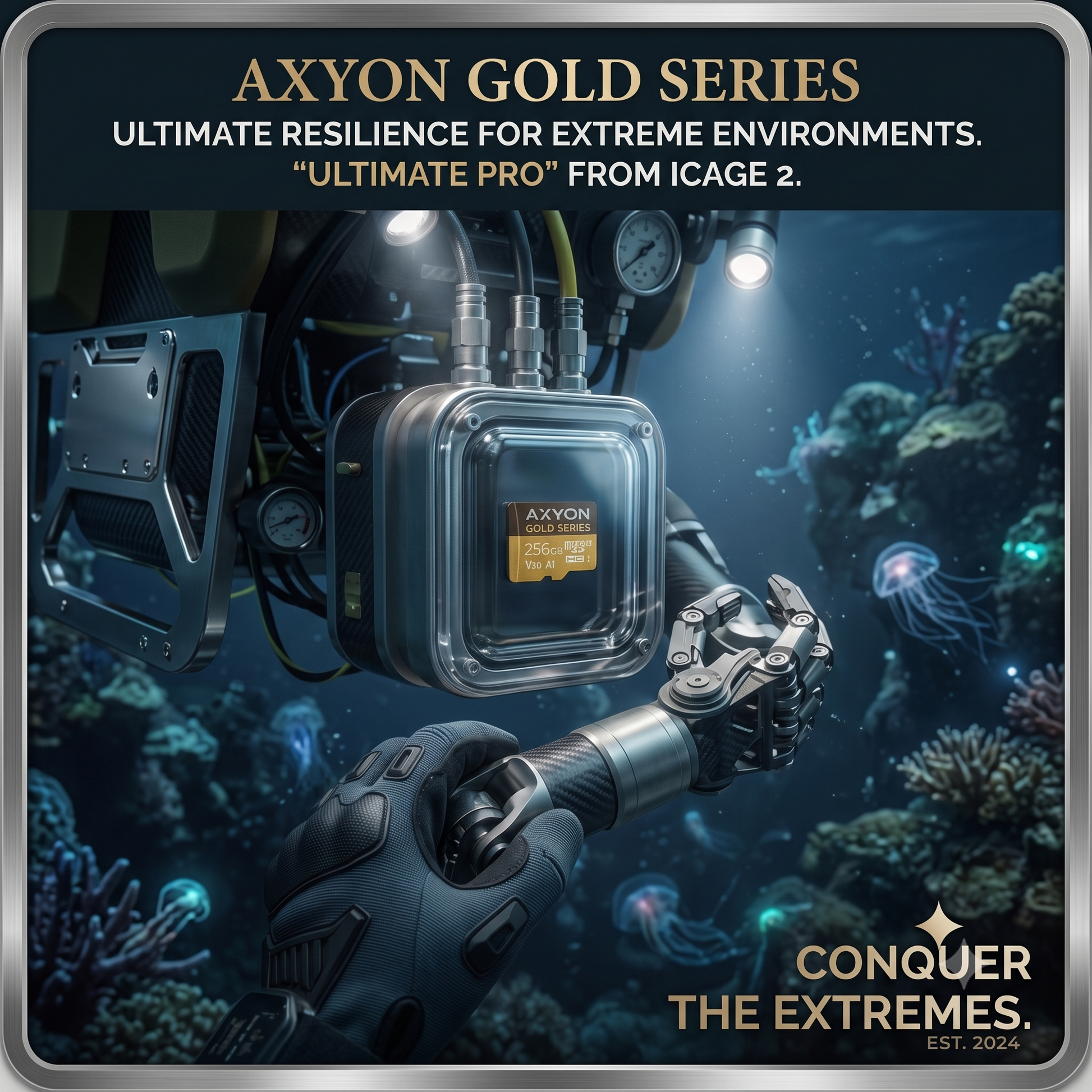 A promotional graphic for the AXYON GOLD SERIES submersible diving computer. The product is shown mounted on a robotic hand inside a deep blue underwater environment with coral reefs and jellyfish.