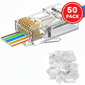 AXYON Cat6 RJ45 pass-through connector 50 pack - 3D cutaway diagram showing internal structure with gold-plated contacts and color-coded wire channels