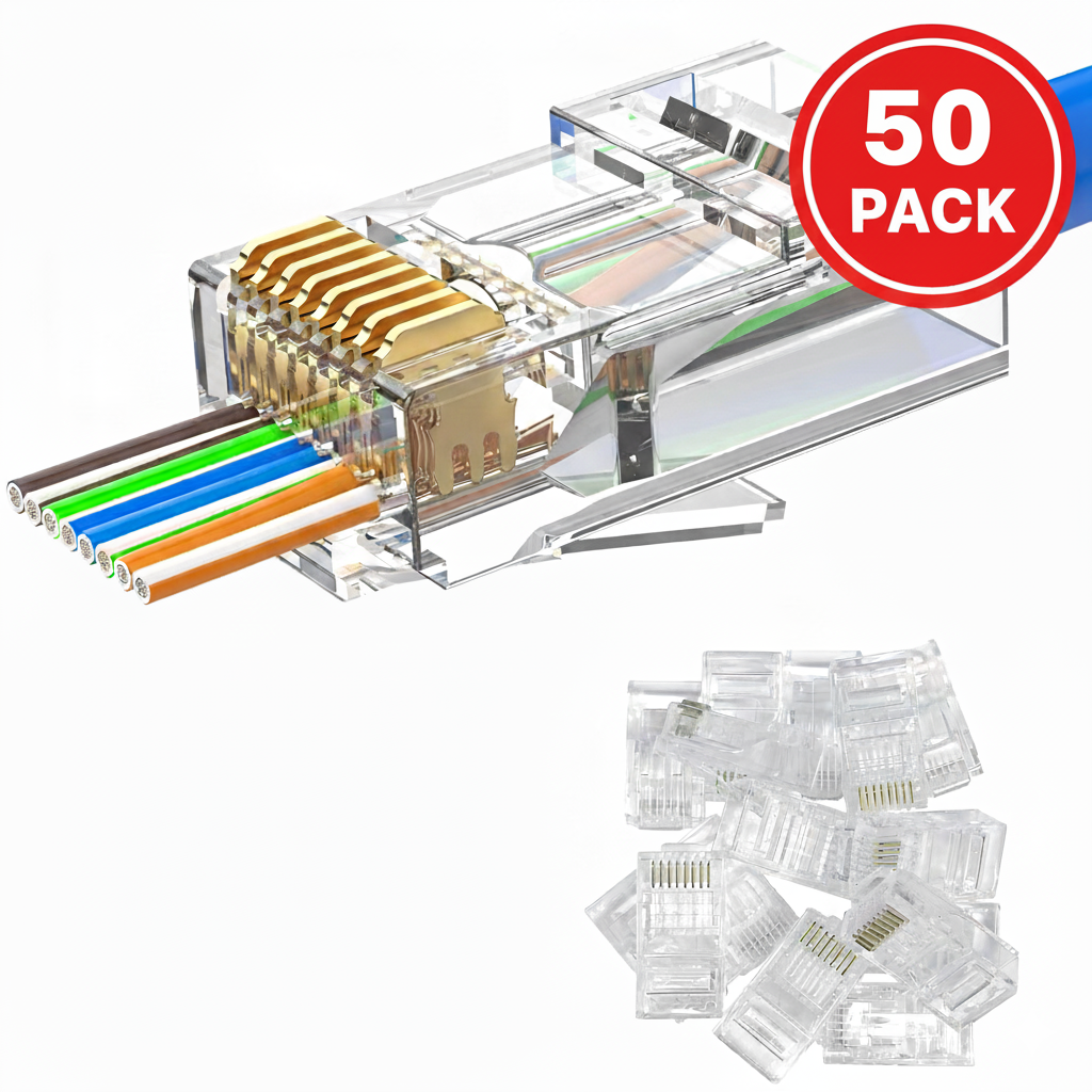 AXYON Cat6 RJ45 pass-through connector 50 pack - 3D cutaway diagram showing internal structure with gold-plated contacts and color-coded wire channels