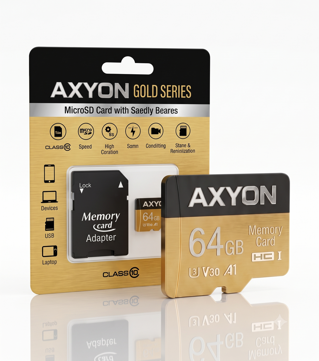 AXYON Gold Series 64GB MicroSDXC memory card and black SD adapter displayed in front of its gold retail packaging on a reflective white background.