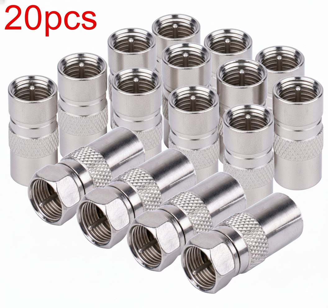 20 silver coaxial cable connectors on a white background with '20pcs' text.