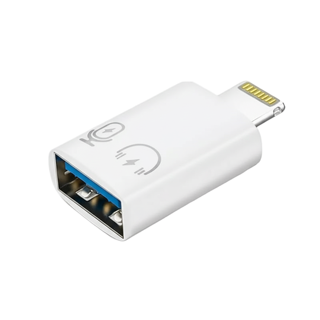 White USB adapter with a lightning connector on a white background