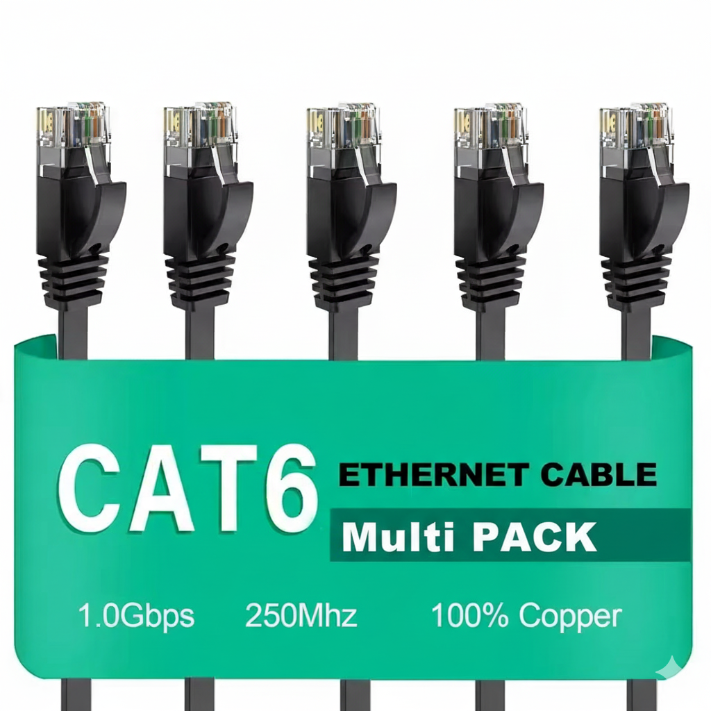 Five CAT6 Ethernet cables with a green label on a white background