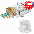 AXYON Cat6 RJ45 pass-through connector 100 pack - 3D cutaway diagram showing internal structure with gold-plated contacts and color-coded wire channels