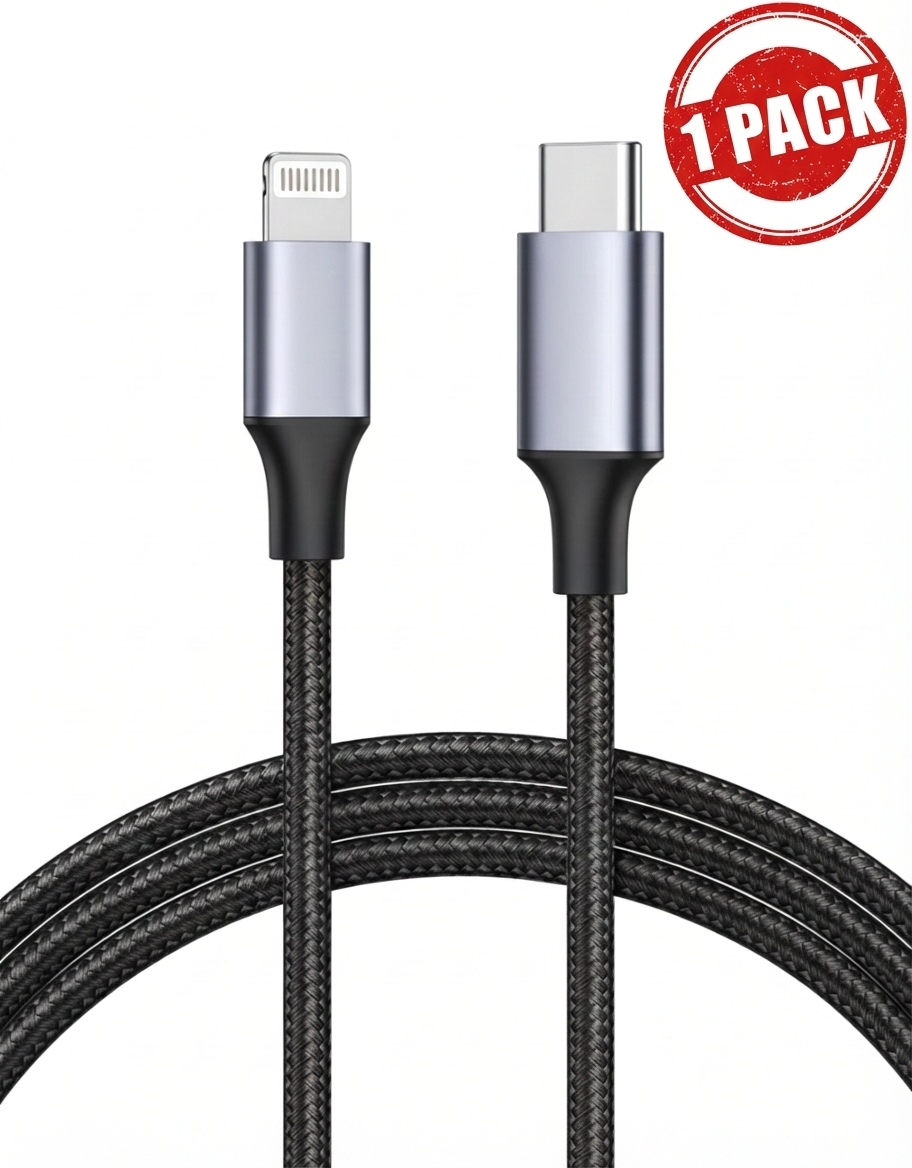 Two charging cables with Lightning and USB-C connectors on a white background, labeled '1 Pack'.