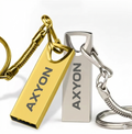 Gold and silver keychain devices with 'AXYON' branding on a white background