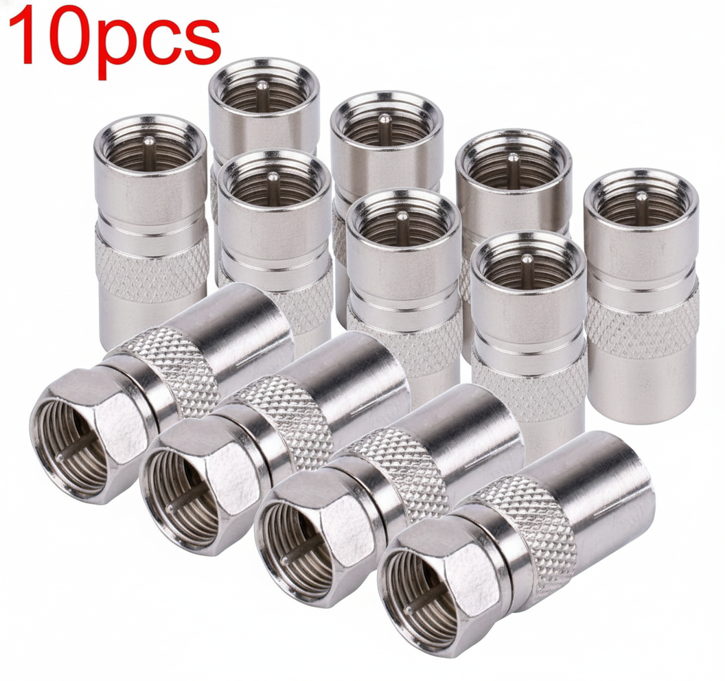 10 silver coaxial cable connectors on a white background