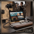 A professional video production setup featuring multiple cameras and a tablet displaying camera feeds, all coordinated under the AXYON brand. The scene is set in a studio with a visible softbox light and a blurred operator in the background, framed by a dark border with the text 'SYNCHRONIZED PROFESSIONAL ECOSYSTEM'.