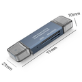 Compact AXYON aluminum OTG card reader displaying its pocket-sized dimensions and included anti-loss tether ring.
