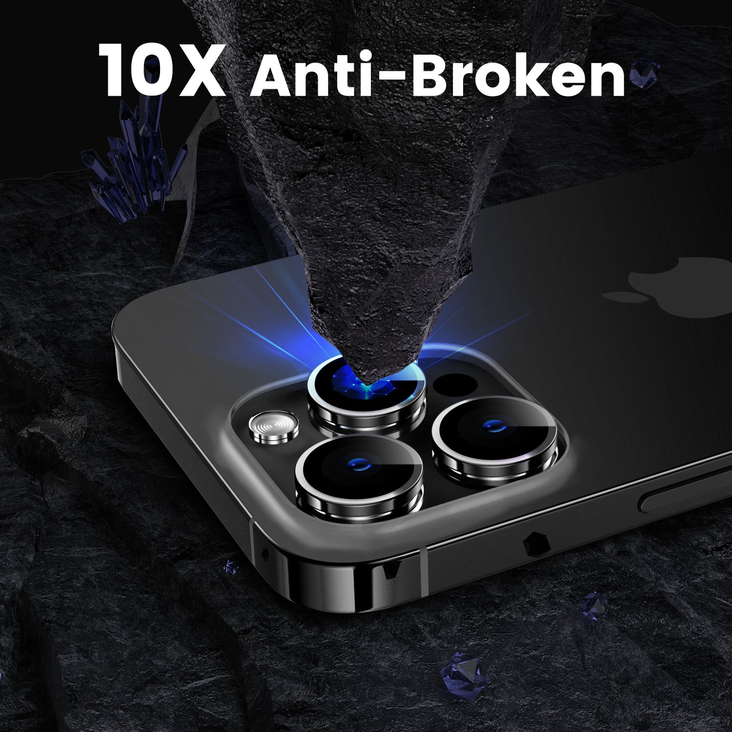 Phone case with '10X Anti-Broken' text and a stone pressing down on it.