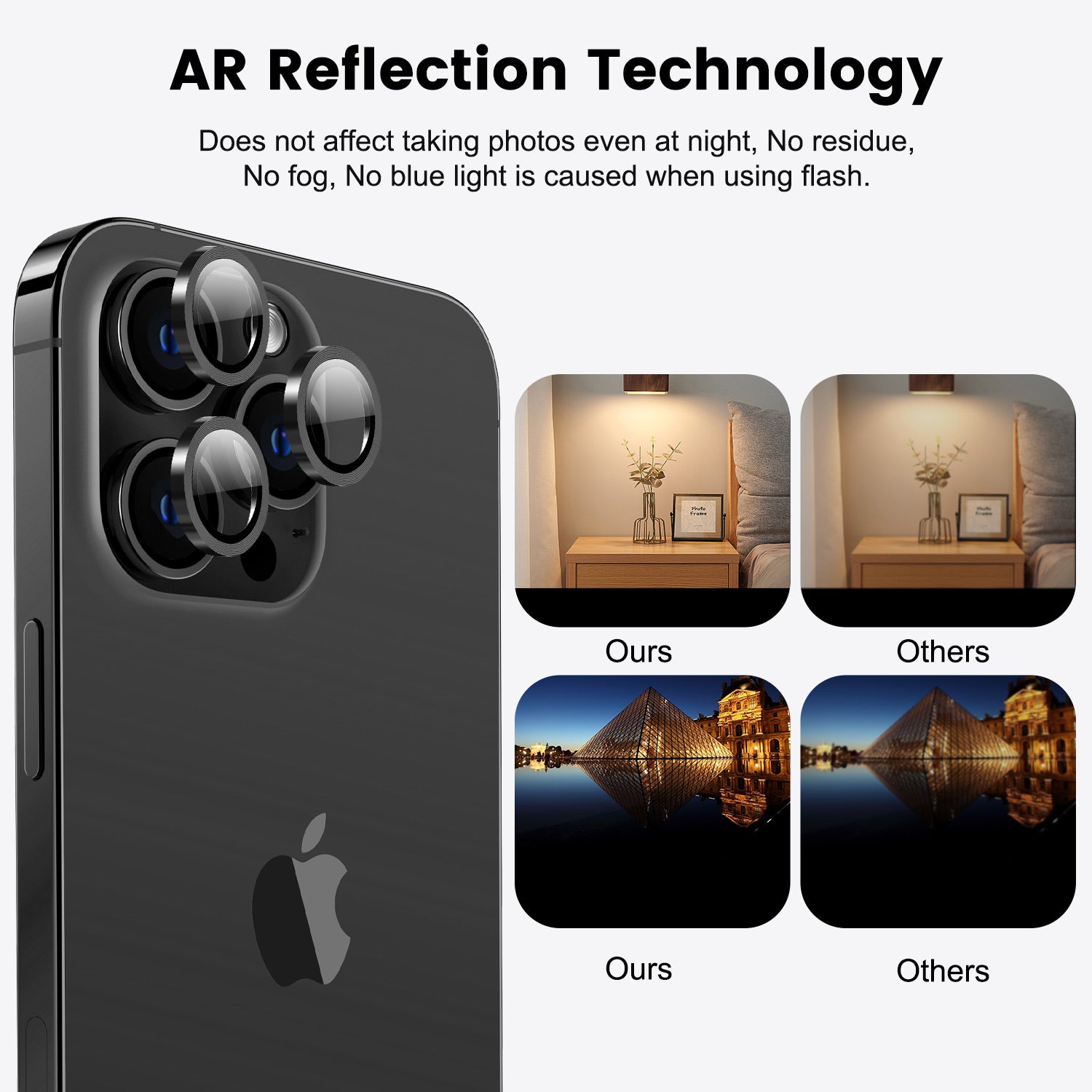 Smartphone with camera lens protection and AR reflection technology features.