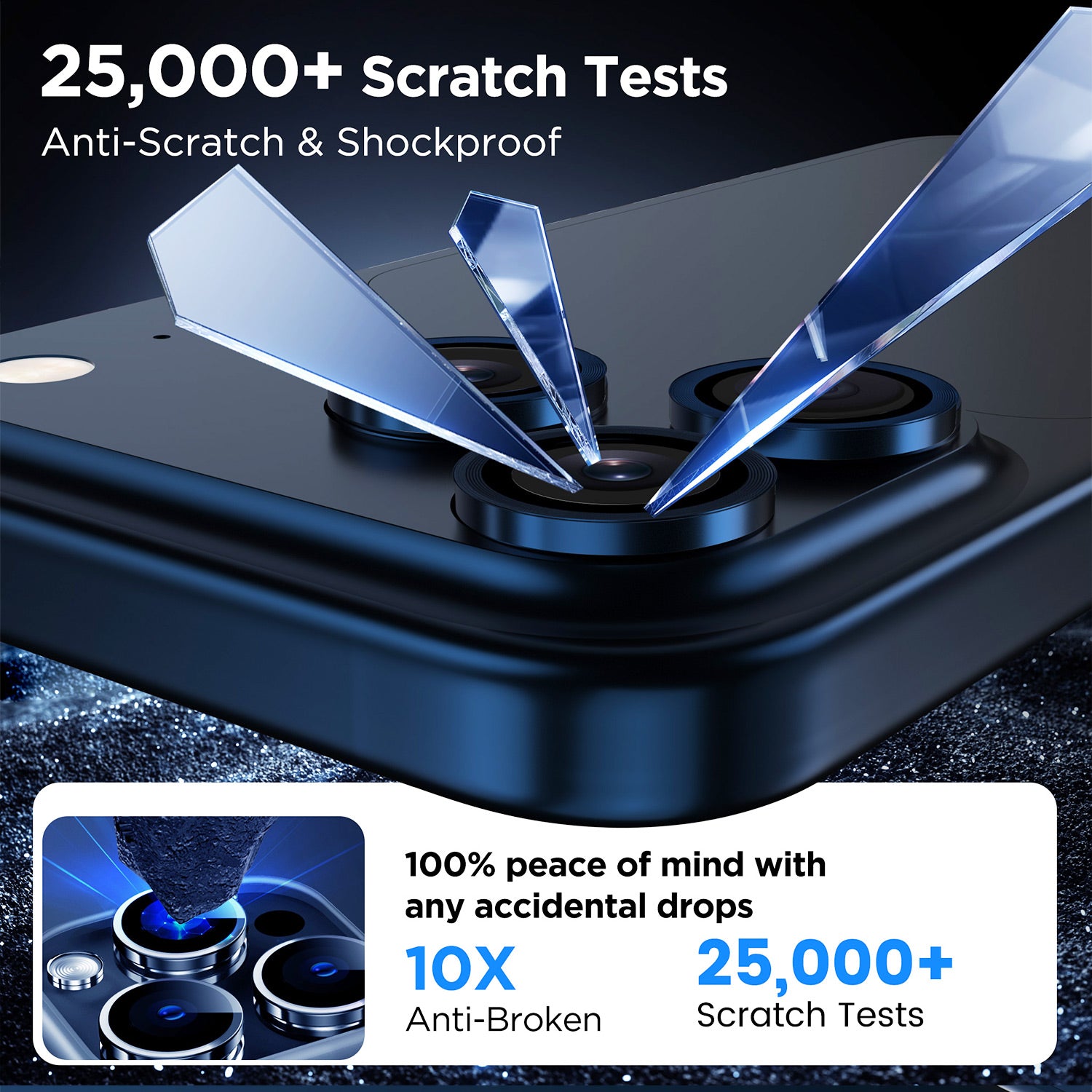 Phone screen protector with scratch resistance features and text on a dark background
