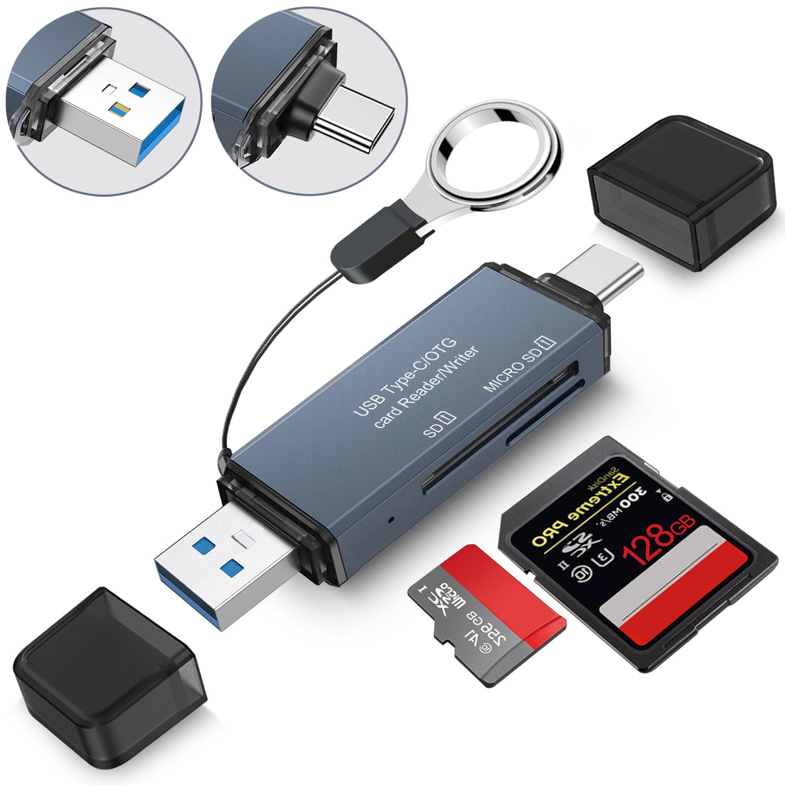 AXYON 2-in-1 USB-C and USB-A 3.0 aluminium OTG card reader shown with an SD card, microSD card, and anti-loss tether ring. Features protective caps and dual slots