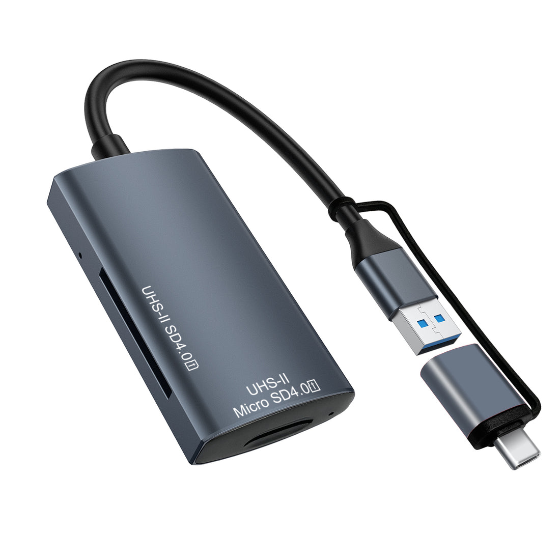 USB A + USB C SD 4.0 card reader on a white background