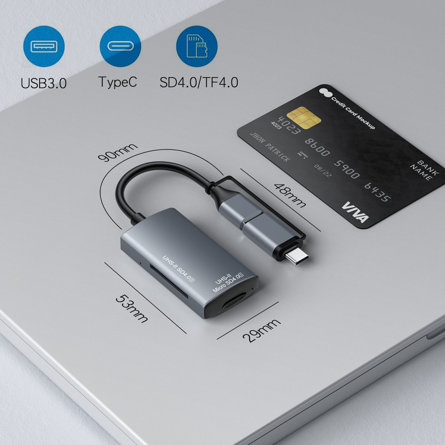 Multiport adapter with dimensions and compatibility icons on a light gray background
