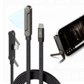 AXYON 240W USB-C braided cable with built-in foldable phone stand shown in multiple angles, propping up a smartphone for hands-free viewing while charging.