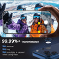 Two people in ski gear taking a selfie with a phone displaying 99.99%+ transmittance features.
