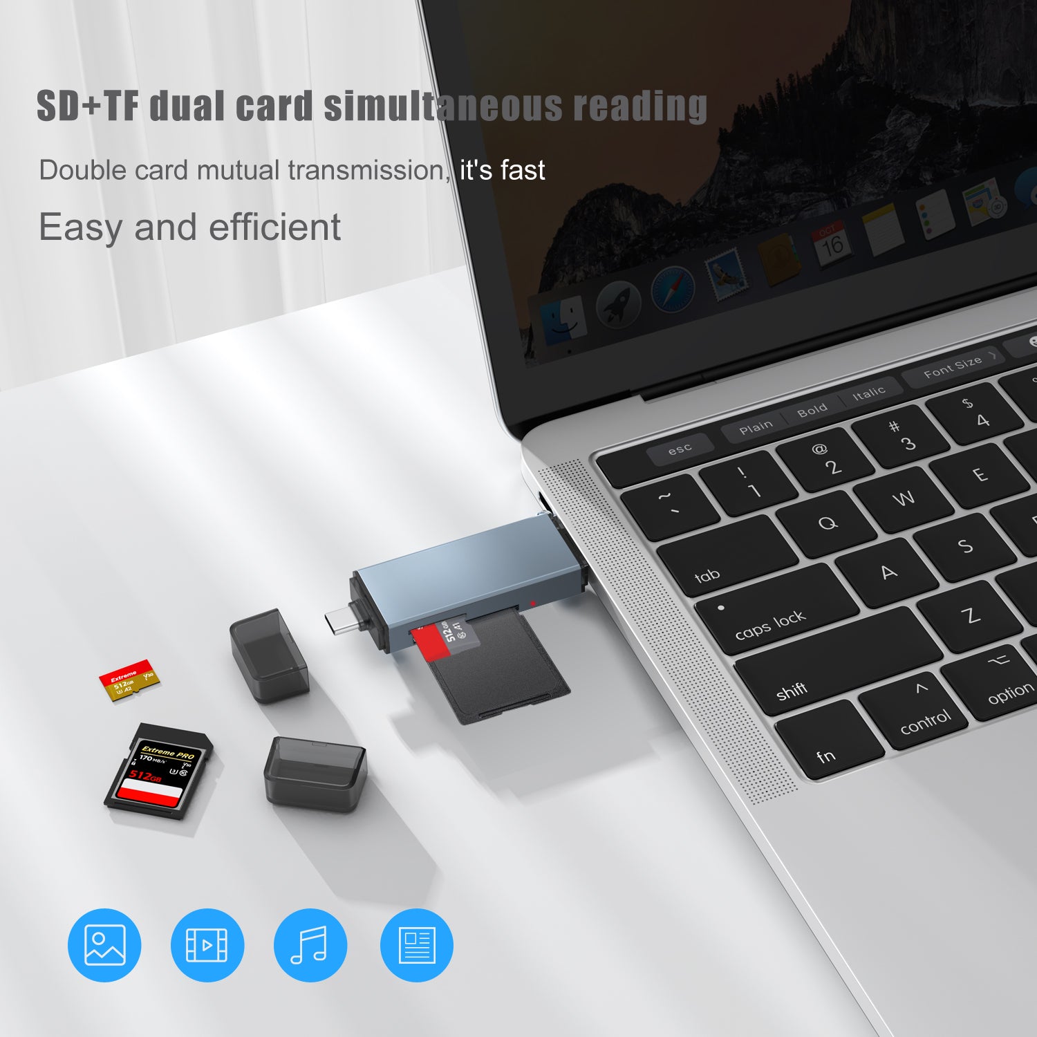 AXYON USB-C and USB-A card reader connected to a laptop, transferring data from an SD card at 5Gbps high speed.