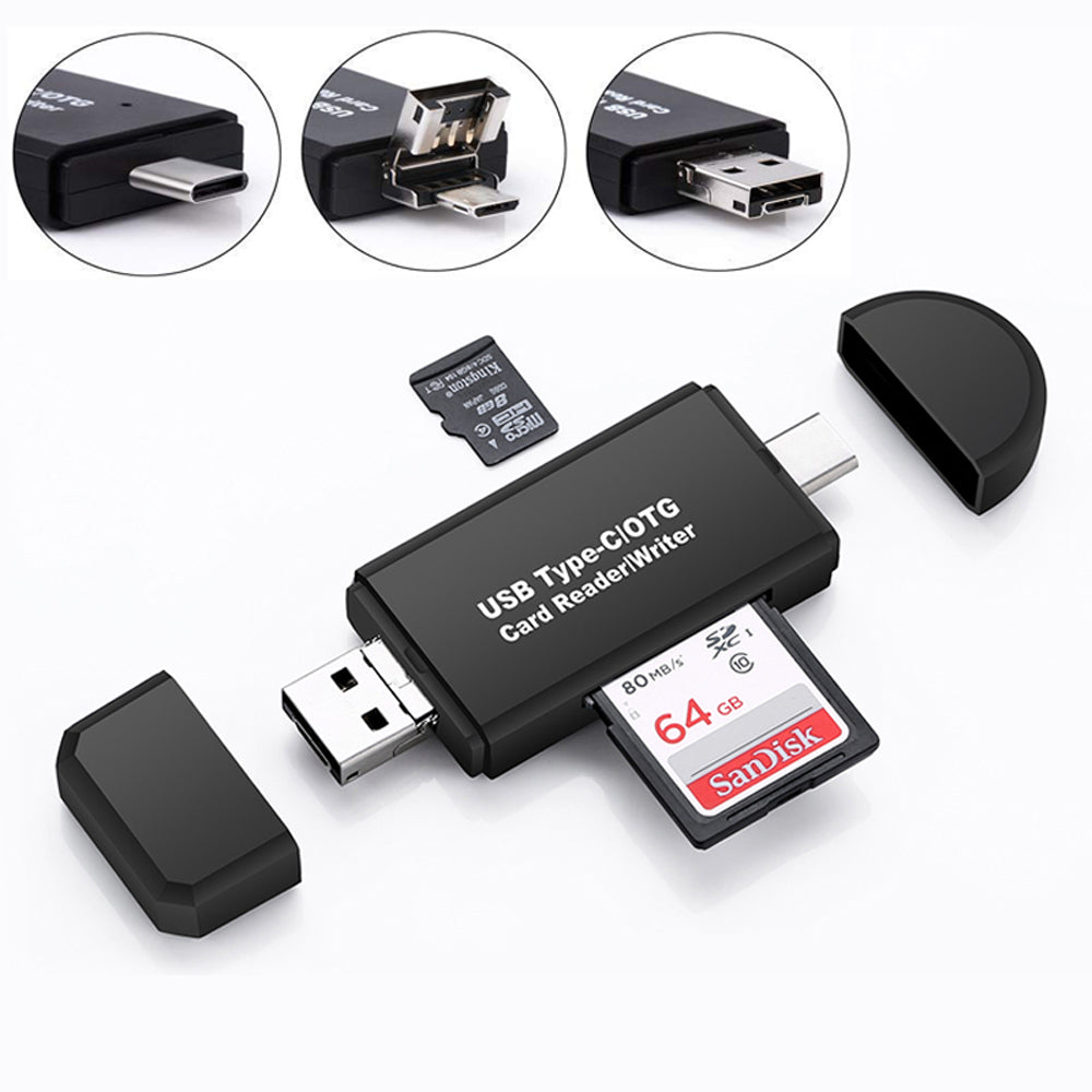 USB Type-C/OTG card reader/writer with SanDisk memory card on a white background