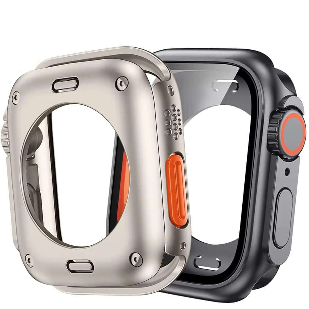 Two Apple Watch cases, one silver and one black with red accents, on a white background.