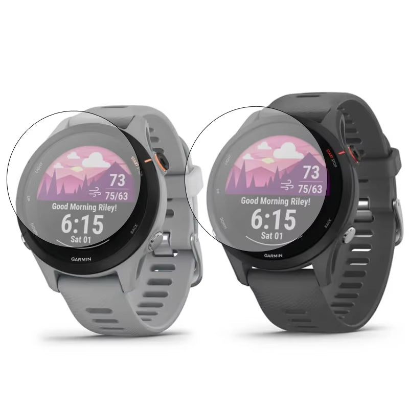Two smartwatches with screen protectors on a white background