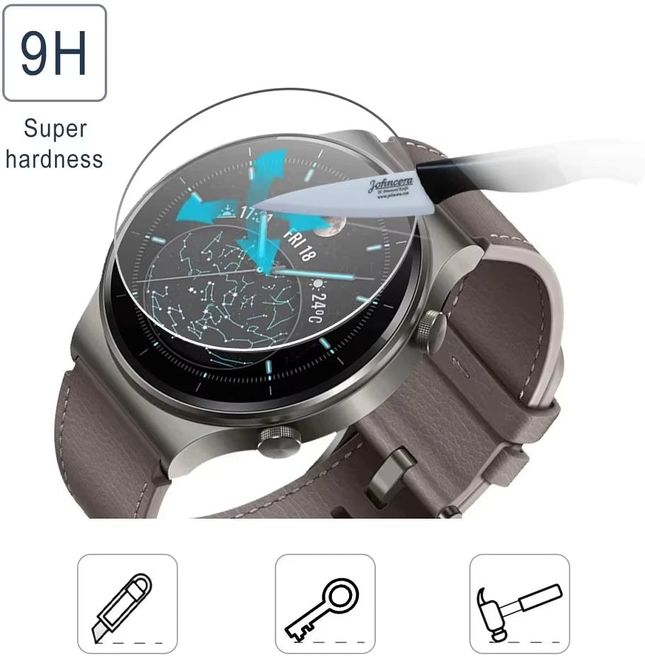 Two smartwatches with screen protectors on a white background