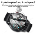 Smartwatch with a transparent screen protector on a white background, emphasizing explosion-proof and scratch-proof features.