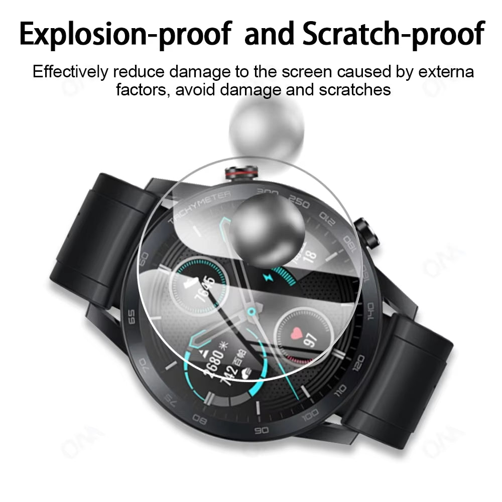 Smartwatch with a transparent screen protector on a white background, emphasizing explosion-proof and scratch-proof features.