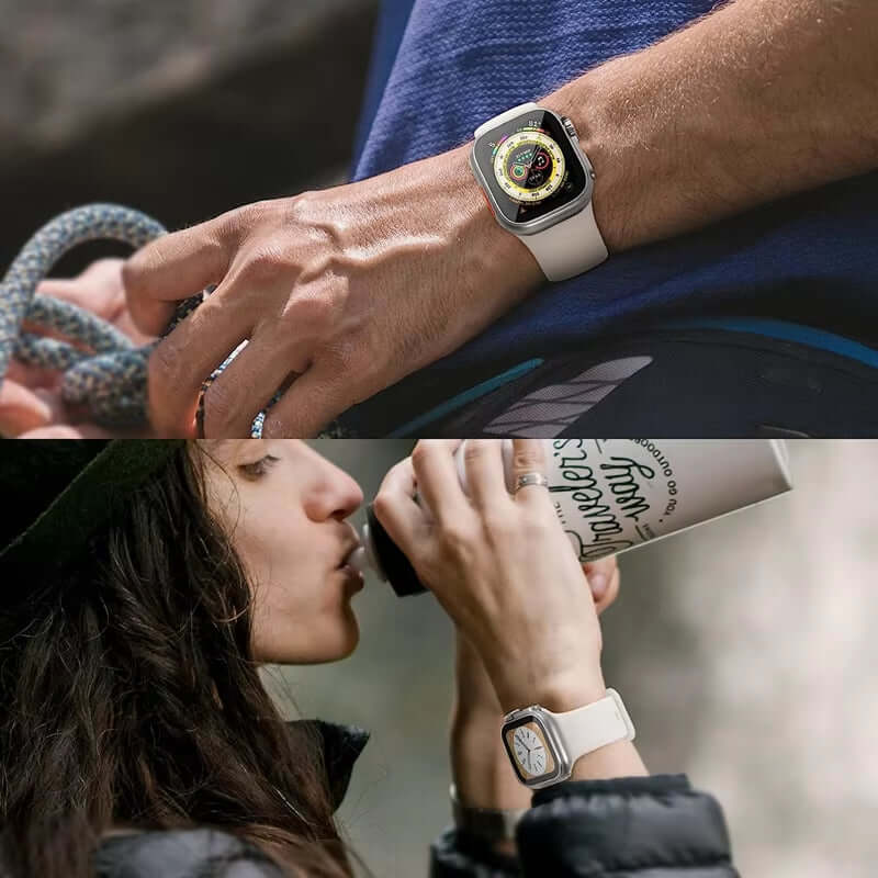 Person wearing a smartwatch with a close-up of the watch face, followed by a person drinking from a can.