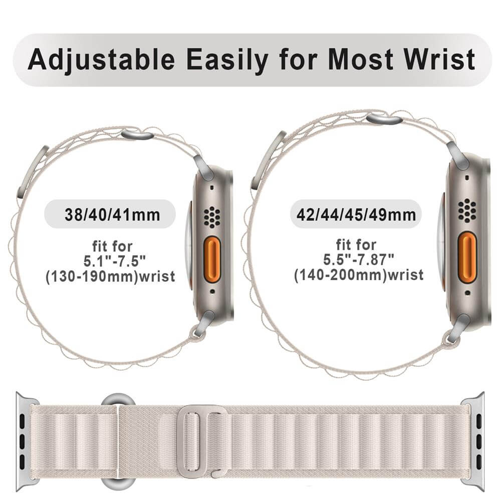 Size Guide for Alpine Loop‑Style Bands – Compatibility chart for Apple Watch 38–49mm, adjustable fit.
