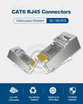 AXYON Cat6 RJ45 shielded connectors product specifications showing nickel-plated full metal shielding, 30µ 24K gold-plated contacts, eco-friendly material, Gigabit speeds up to 1000 Mbps, available in 50/100 piece packs