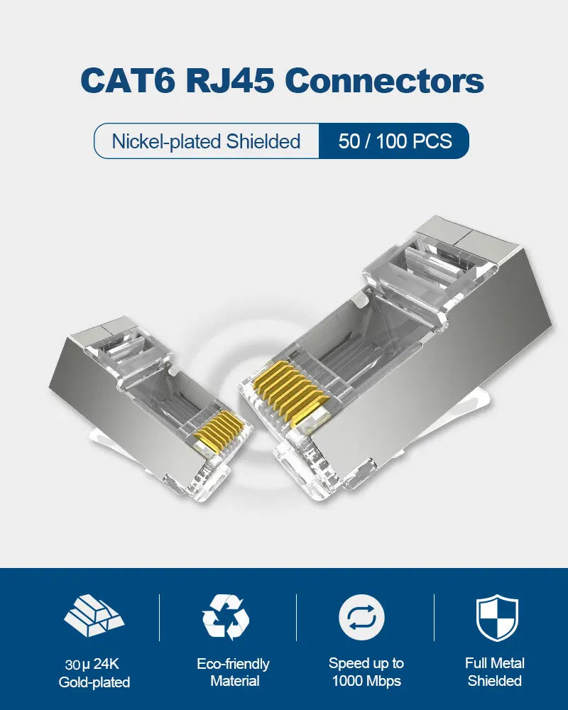 AXYON Cat6 RJ45 shielded connectors product specifications showing nickel-plated full metal shielding, 30µ 24K gold-plated contacts, eco-friendly material, Gigabit speeds up to 1000 Mbps, available in 50/100 piece packs