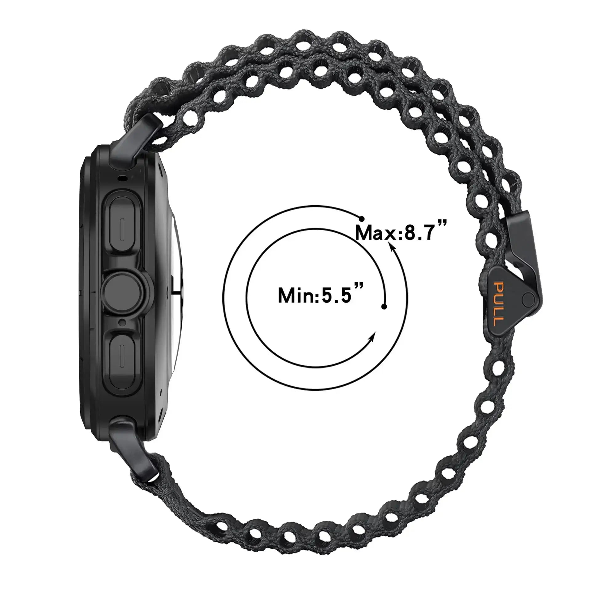 Black braided watch strap with measurement details on a white background