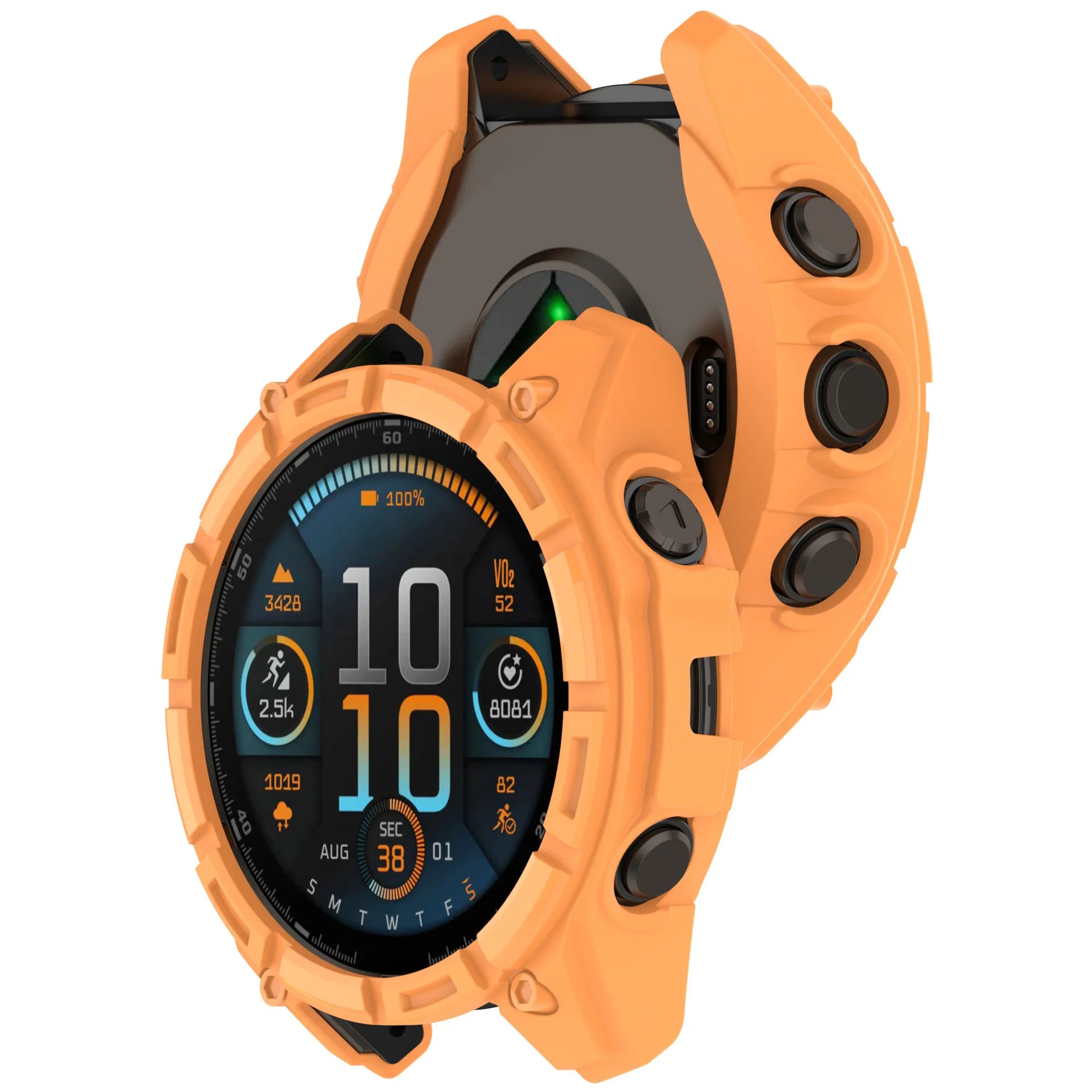 Garmin Fenix 8 AMOLED with Orange TPU case installed.
