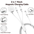 3-in-1 magnetic charging cable with connectors for Lightning, USB-C, and watch charger on a white background.