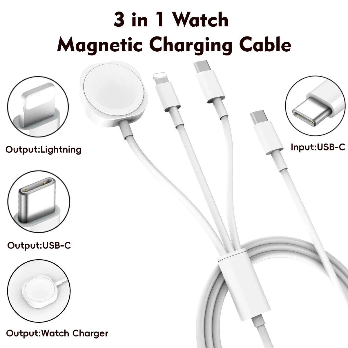 3-in-1 magnetic charging cable with connectors for Lightning, USB-C, and watch charger on a white background.